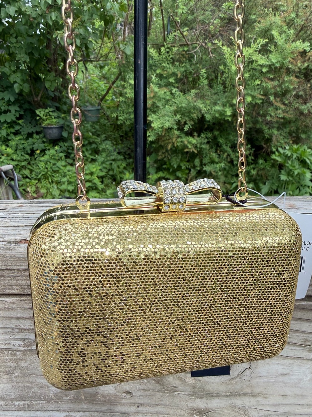 NWT La Regale Gold Purse W/Chain Hard Case As Is  5.5” L X 4” H 44” Chain